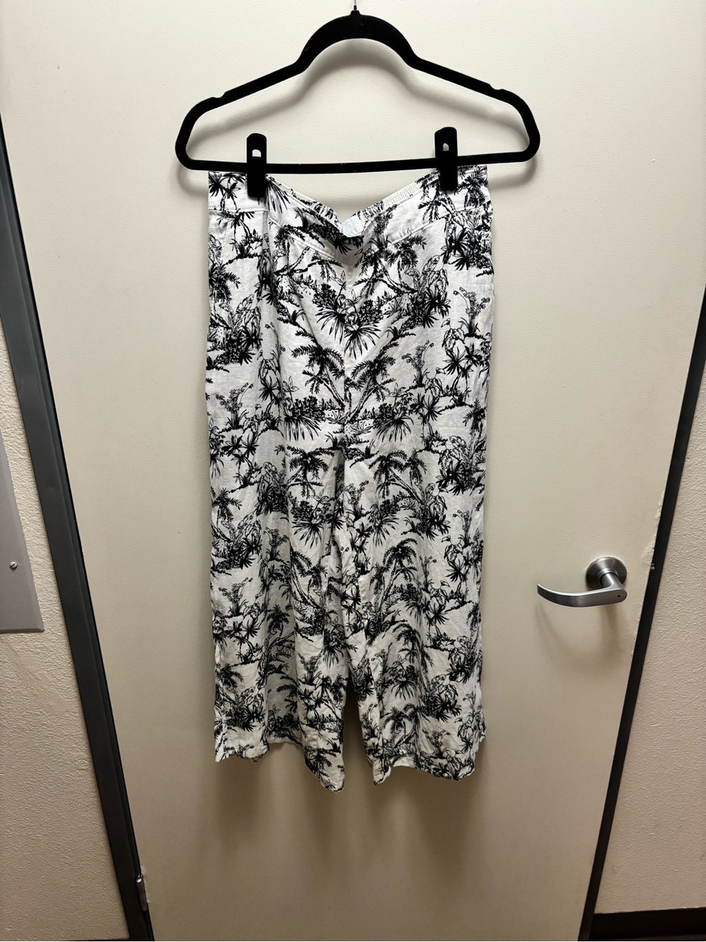 C&C California Black White Palm Tree Toile 100% Linen Wide Leg Pants L